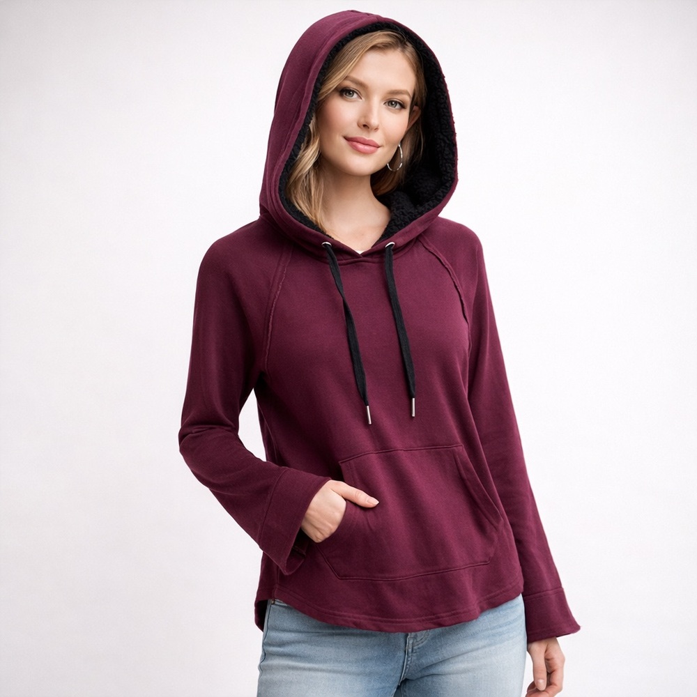 Splendid Burgundy Modal Hoodie Sherpa Lined Hood XS USA‎ Luxe Soft Cozy